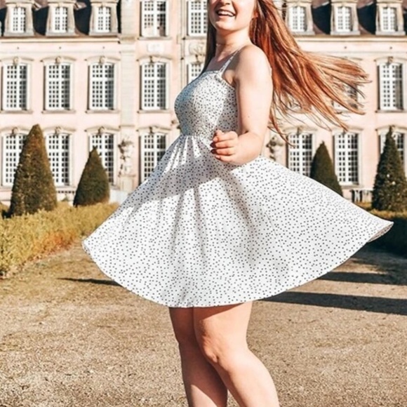 Polka Dot White Mini Dress Flared Shirred Bodice - Picture 9 of 11